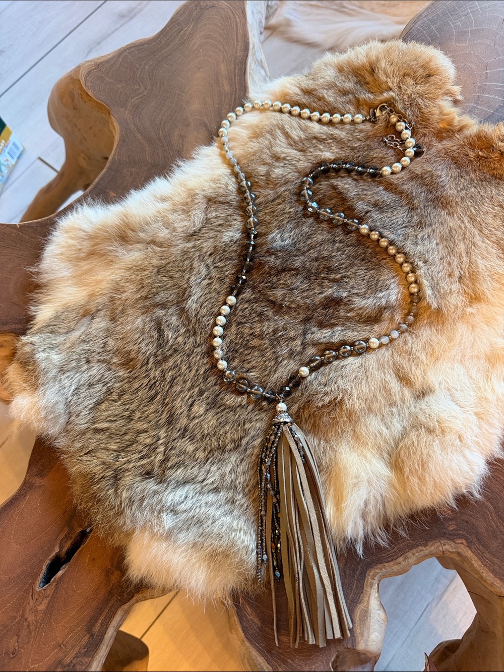 Chico's Brown and Cream Beaded Tassel Necklace
